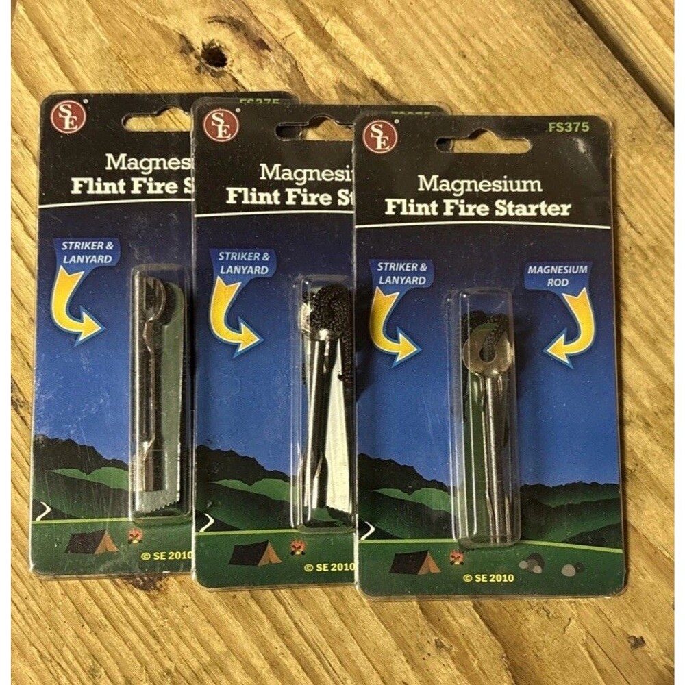 3 Magnesium Fire Starters  SE Brand Flint & Striker Never Loose Lanyard New!